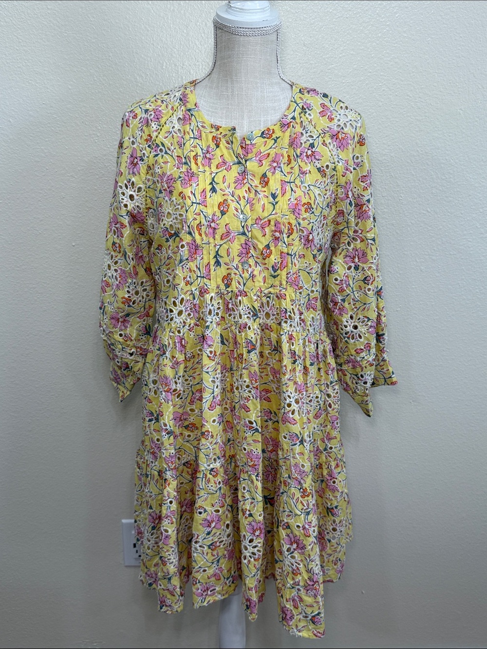 Anthropologie x dRA Yara Eyelet Dress Yellow Lined Floral Boho Prairie Size L - Picture 4 of 9